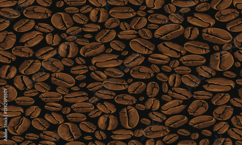 A seamless vector pattern of roasted coffee beans on a dark background