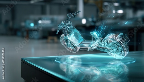 Futuristic digital hologram of a scooter in a tech workshop.