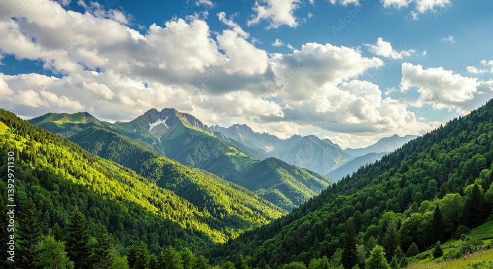 Fototapeta premium Majestic mountains against a bright, blue sky in a lush valley 