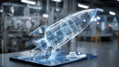 Futuristic holographic rocket in a modern lab.