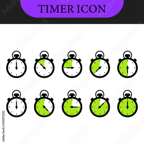 Timer and stopwatch vector icons set. Countdown timer vector icons. Time management. Deadline, punctuality and time management and optimization Countdown 5, 10, 20, 30, 60 minutes. Vector illustration