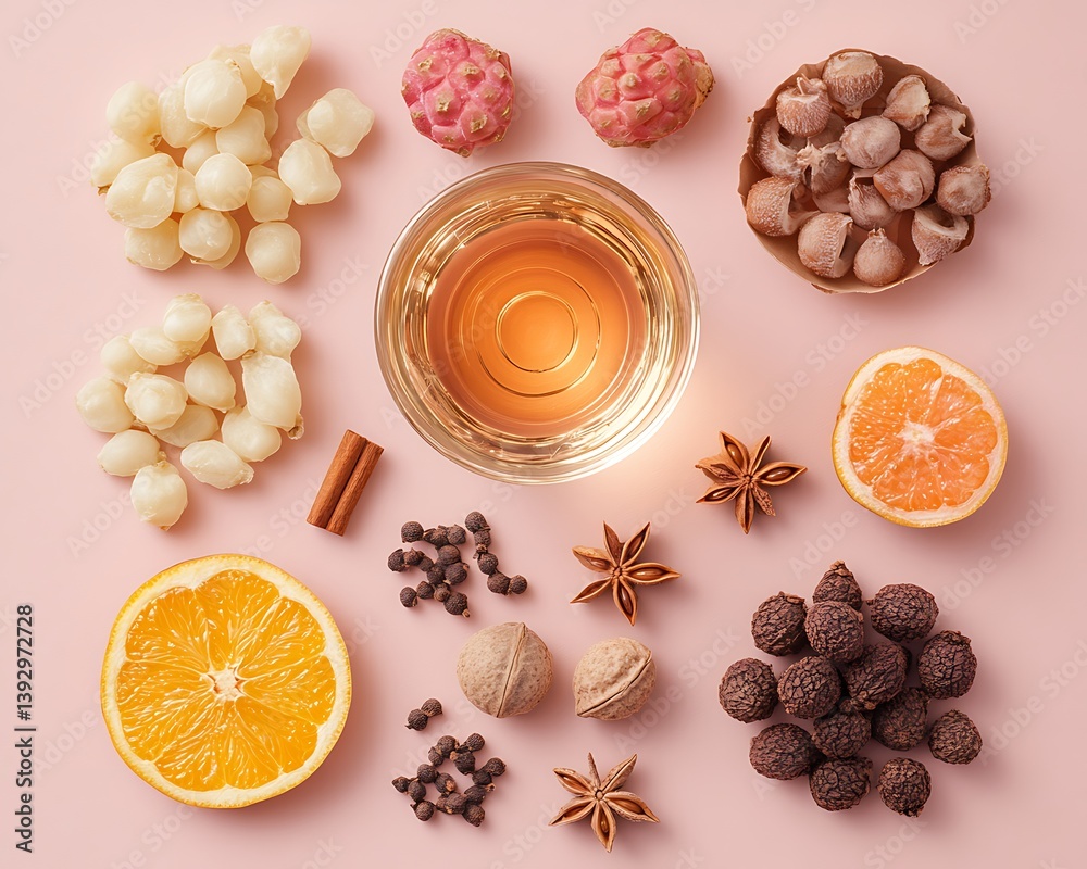 An overhead view of a variety of ingredients and spices An overhead view of a variety of ingredients and spices