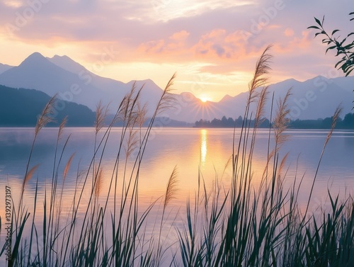 Lake Sunset with Tall Grass