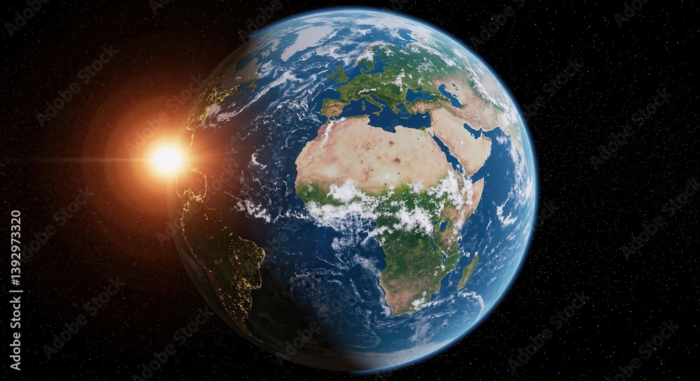 Fototapeta premium Earth rotating with sunlight illuminating the landscape