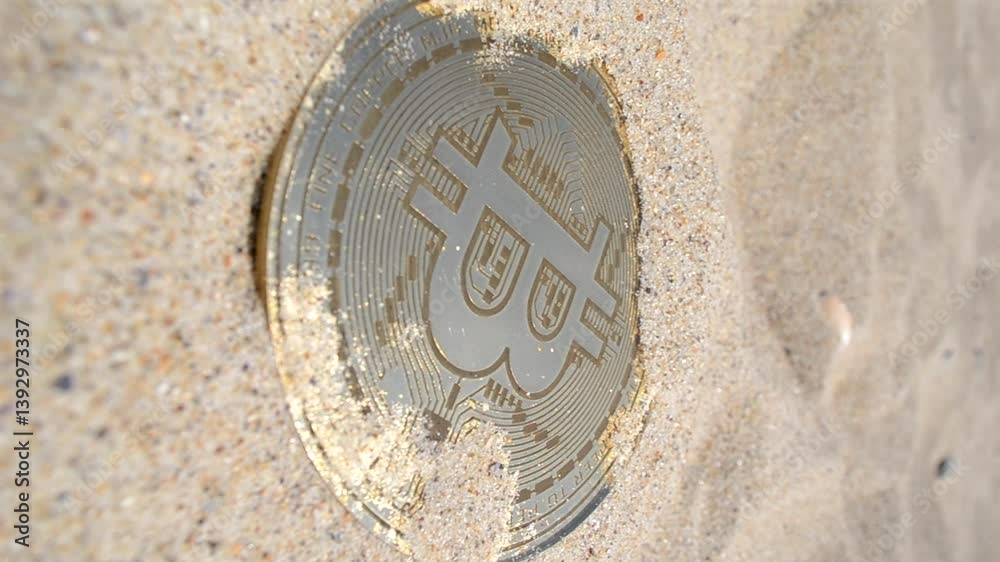 Bitcoin coin in sand close up. Bitcoin coin sprinkled with sand on sunny day close-up. Concept cryptocurrency web 3 cryptocurrencies crypto bit coin digital finance money virtual cryptography Vertical