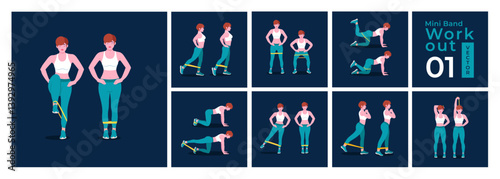 Women doing fitness and yoga exercises. Lunges, Pushups, Squats, Dumbbell rows, Burpees, Side planks, Sit ups, Glute bridge, Leg Raise, Russian Twist, Side Crunch .etc