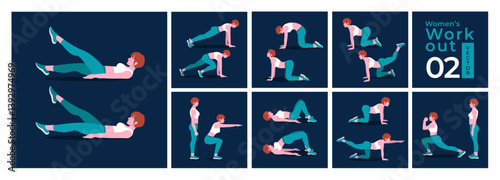 Women doing fitness and yoga exercises. Lunges, Pushups, Squats, Dumbbell rows, Burpees, Side planks, Sit ups, Glute bridge, Leg Raise, Russian Twist, Side Crunch .etc