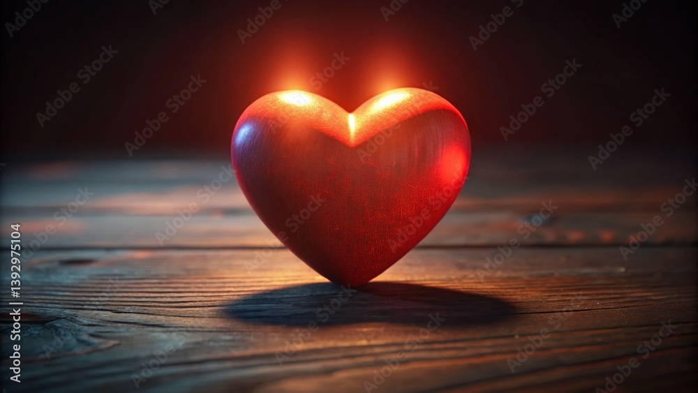 Romantic Red Heart on Rustic Wooden Table at Night Romantic Red Heart on Rustic Wooden Table at Night
