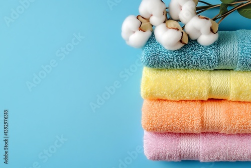 Neatly Folded Cotton Towels with Cotton Flowers on a Pastel Blue Surface, Top View