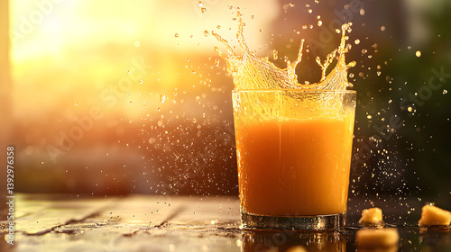 Citrus Splash: A close-up shot of orange juice erupting from a glass, capturing the vibrant splash of freshness and the invigorating essence of citrus fruit.