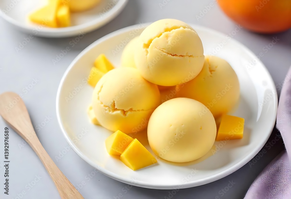 Balls yellow creamy lavender ice cream on a white plate, decorated with mango . top view. Healthy dessert frozen. High quality photo Balls yellow creamy lavender ice cream on a white plate, decorated with mango . top view. Healthy dessert frozen. High quality photo