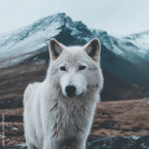 Majestic Dire Wolf Standing Amidst Scenic Mountain Landscape