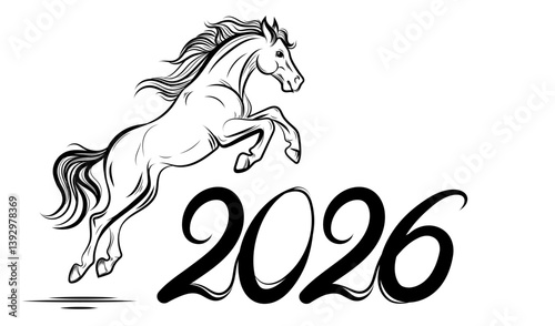 Year of the Horse 2026 with Leaping Horse Line Art vector illustration.Stylized line art galloping Horse for New Year greeting cards, calendars, posters,prints, graphic design.Vector illustration