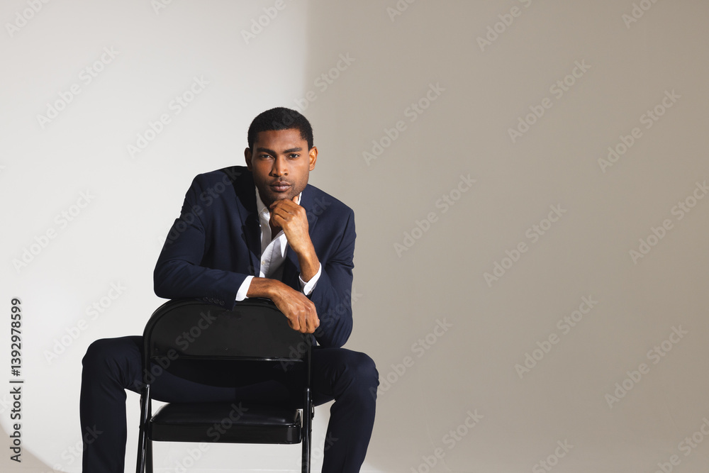 Confident man in suit sitting on chair, posing thoughtfully in studio Confident man in suit sitting on chair, posing thoughtfully in studio
