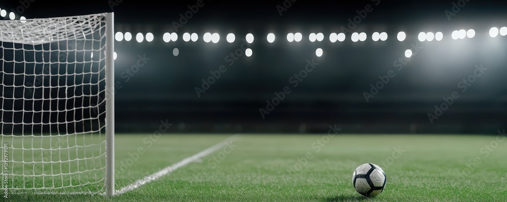 Fototapeta premium A soccer ball rests near the goalpost on a well-lit field, ready for action under stadium lights.