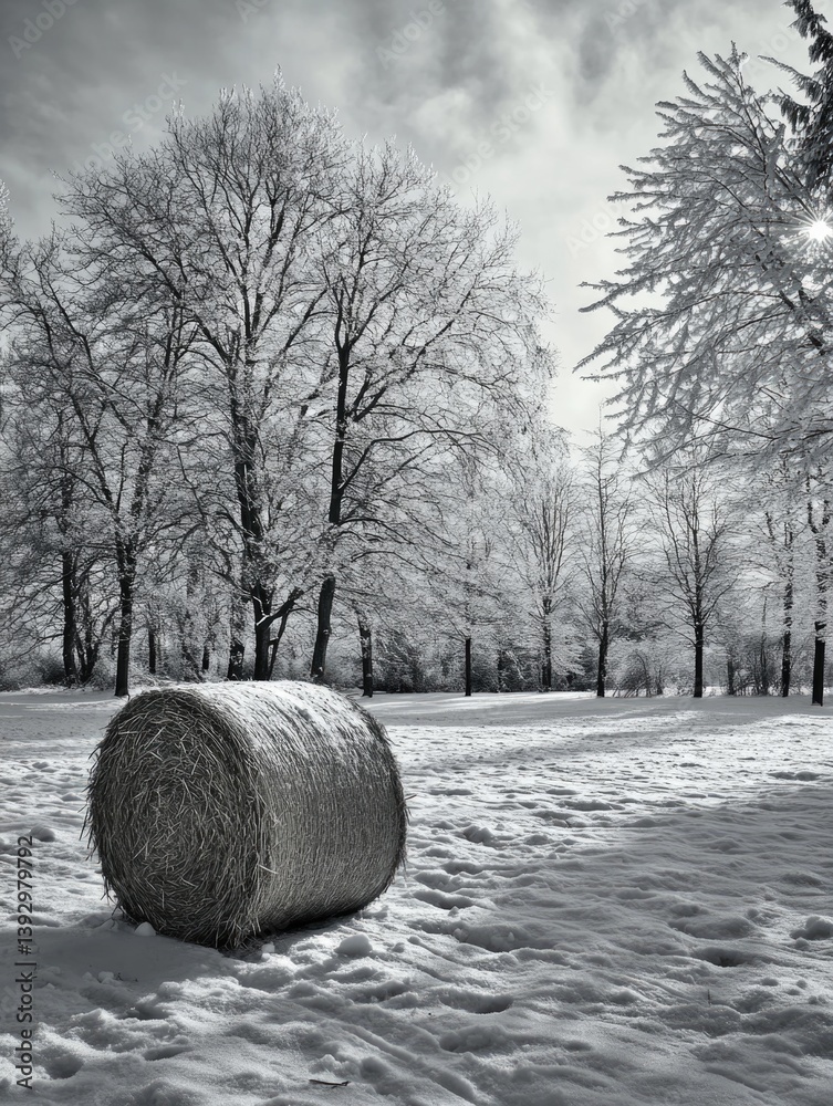 Hay Bale in Snowy Field