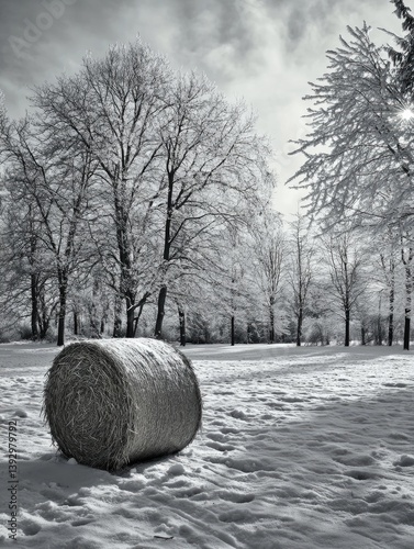 Obraz na płótnie Hay Bale in Snowy Field w salonie