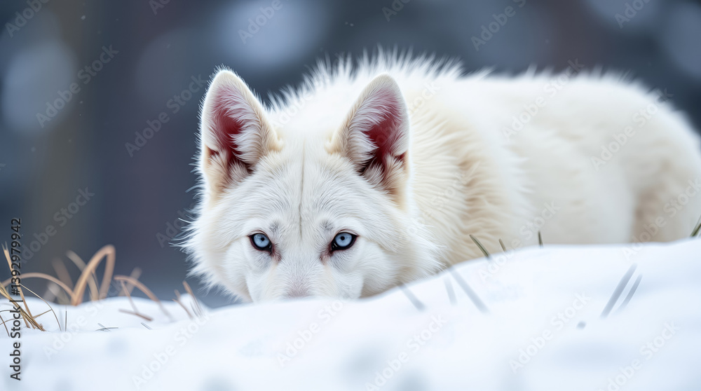 Obraz premium Dire Wolves Come Back. White Wolf with Blue Eyes Peeking Over Snowdrift in Winter Landscape. Wildlife, Nature, Animal Portrait, and Winter Wonderland Concepts.
