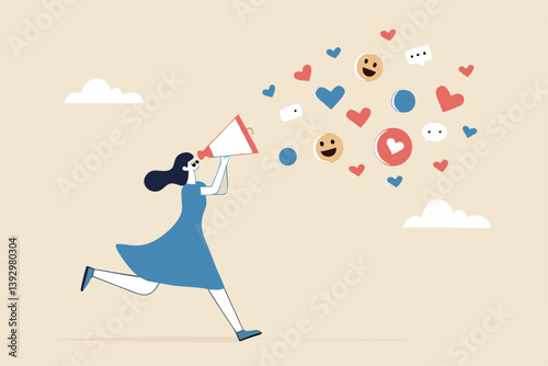 PR, public relation or marketing communication, advertising campaign or social media marketing, online promotion or email newsletter concept, young woman PR speak on a megaphone on social media.