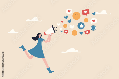 PR, public relation or marketing communication, advertising campaign or social media marketing, online promotion or email newsletter concept, young woman PR speak on a megaphone on social media.