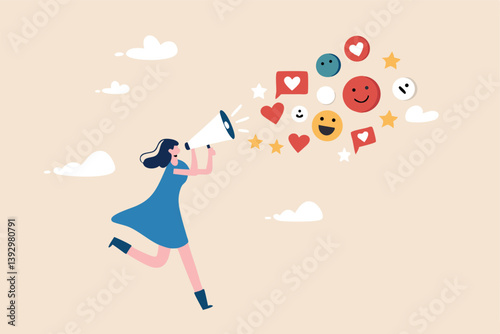 PR, public relation or marketing communication, advertising campaign or social media marketing, online promotion or email newsletter concept, young woman PR speak on megaphone on social media.