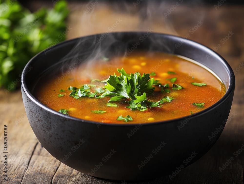 Black Bowl with Soup and Parsley