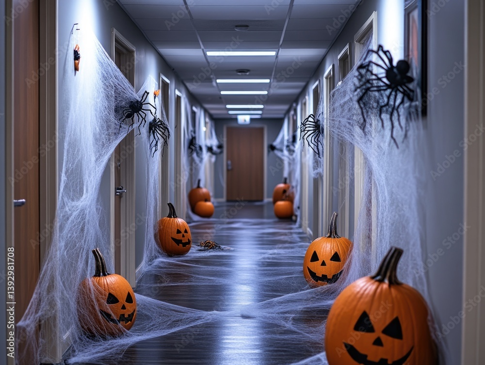 Halloween Hallway with Pumpkins