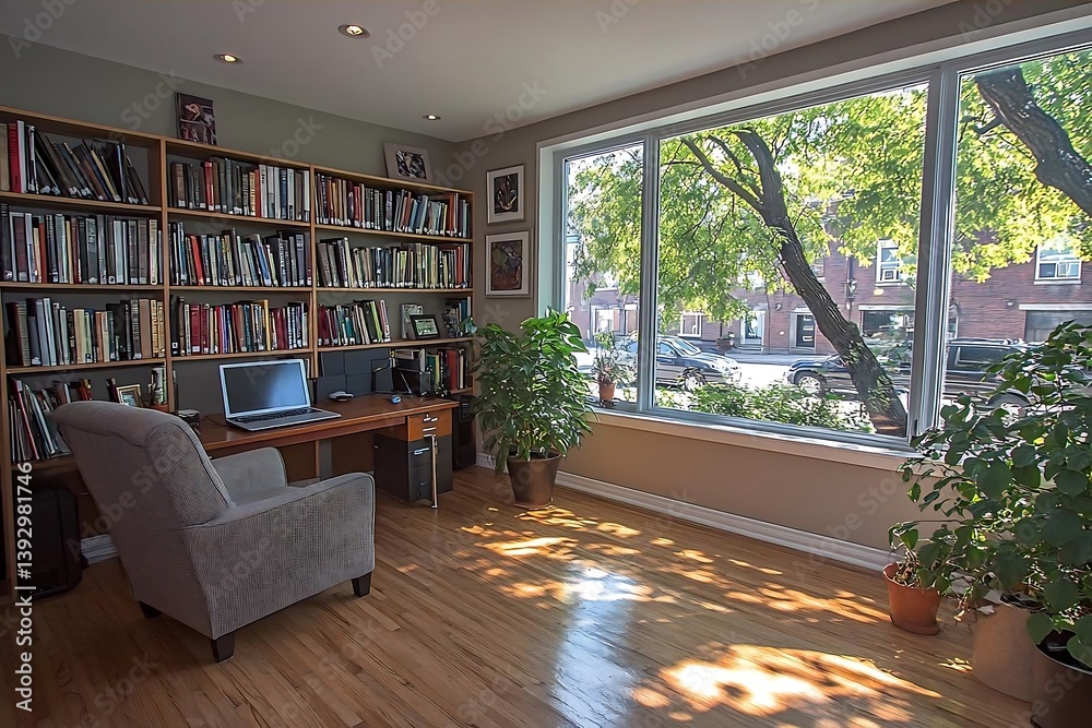 Obraz premium Sunlit Home Office With Bookshelves And Plants