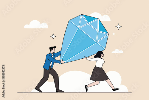 Core value or value proposition, CLV customer lifetime value or company valuation, profit or corporate worth concept, business people employees help carry big valuable diamond.