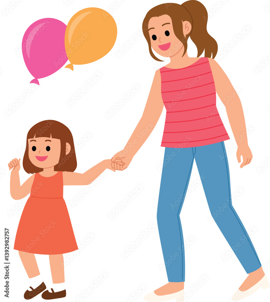 young mother and daughter holding and going for walk together character vector, the girl holding bright air balloon illustration young mother and daughter holding and going for walk together character vector, the girl holding bright air balloon illustration