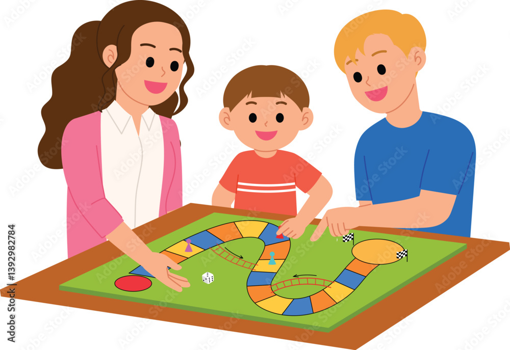 family playing board game together at free time, parent and son playing game illustration family playing board game together at free time, parent and son playing game illustration