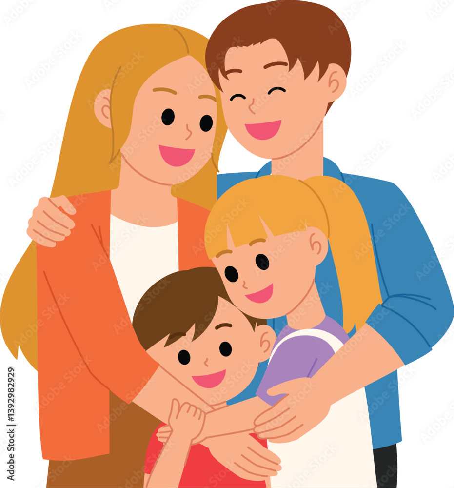 young parent embracing children with smiling character vector young parent embracing children with smiling character vector