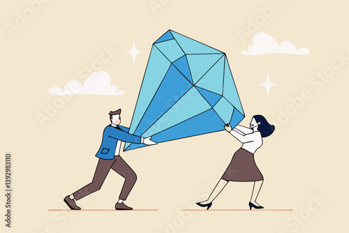 Core value or value proposition, CLV customer lifetime value or company valuation, profit or corporate worth concept, business people employees help carry big valuable diamond.