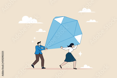 Core value or value proposition, CLV customer lifetime value or company valuation, profit or corporate worth concept, business people employees help carry big valuable diamond.