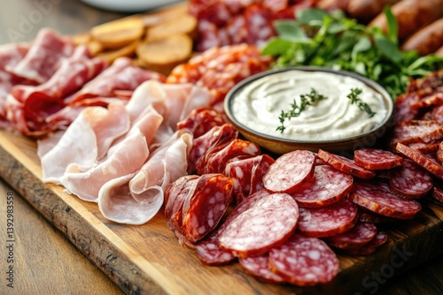 Wooden cutting board with meat and cheese