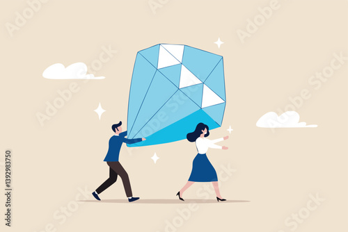 Core value or value proposition, CLV customer lifetime value or company valuation, profit or corporate worth concept, business people employees help carry big valuable diamond.