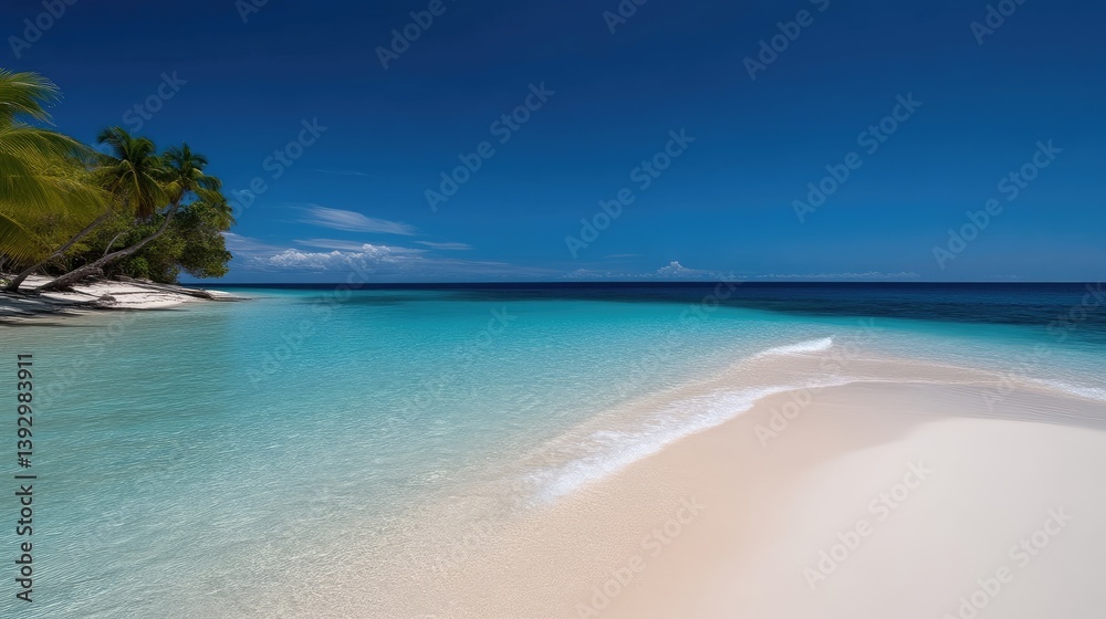 Fototapeta premium Pristine tropical beach with turquoise water and palm trees. Tranquil and idyllic seascape