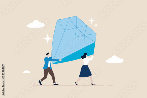 Core value or value proposition, CLV customer lifetime value or company valuation, profit or corporate worth concept, business people employees help carry big valuable diamond.