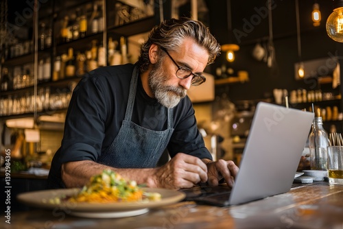 A focused restaurant owner meticulously manages business affairs, capturing a moment of dedicated work within the warm ambiance of the establishment.