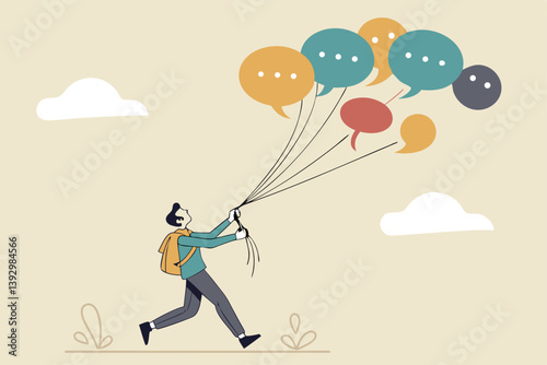 Communication management, PR public relation, handle public comment or social criticism, meeting summary or discussion talk, conversation or dialog concept, businessman manage speech bubble balloons.