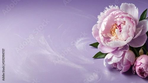 Delicate pink peony blossoms on a smooth purple background