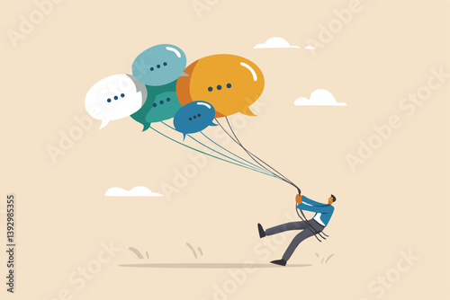 Communication management, PR public relation, handle public comment or social criticism, meeting summary or discussion talk, conversation or dialog concept, businessman manage speech bubble balloons.