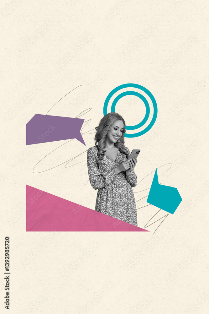 Creative picture collage of young lady use gadget on pastel color background for speaking