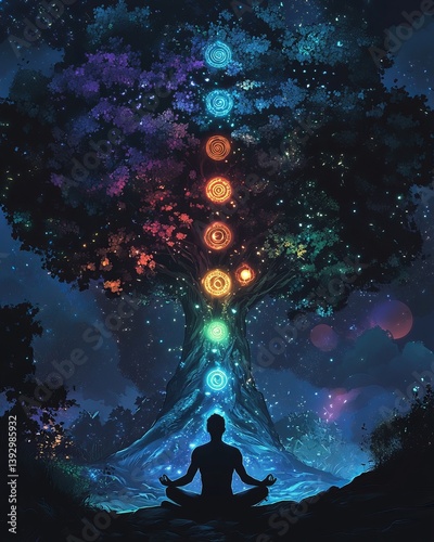 chakra tree of life A serene figure meditates beneath a vibrant tree representing chakras and energy flow. chakra tree of life glowing with chakra energy