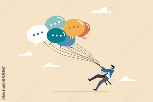 Communication management, PR public relation, handle public comment or social criticism, meeting summary or discussion talk, conversation or dialog concept, businessman manage speech bubble balloons.