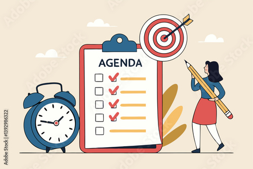 Meeting agenda, priority important task for discussion, objective or purpose to finish, planner or checklist for office work concept, smart business woman hold pencil write meeting agenda with clock.