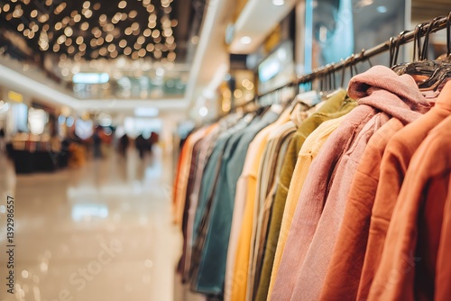 Colorful hoodies hanging on a rack in a bright clothing store.