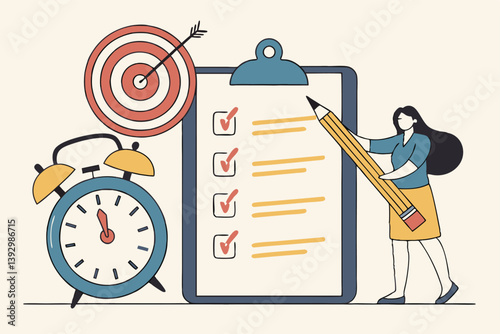 Meeting agenda, priority important task for discussion, objective or purpose to finish, planner or checklist for office work concept, smart business woman hold pencil write meeting agenda with clock.