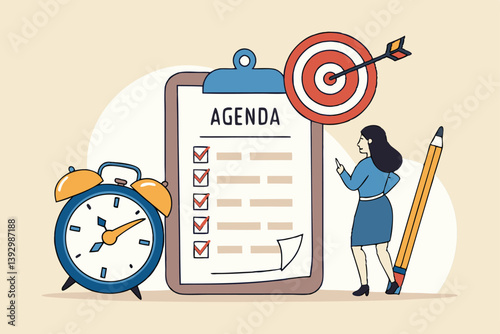 Meeting agenda, priority important task for discussion, objective or purpose to finish, planner or checklist for office work concept, smart business woman hold pencil write meeting agenda with clock.