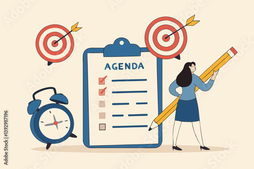 Meeting agenda, priority important task for discussion, objective or purpose to finish, planner or checklist for office work concept, smart business woman hold pencil write meeting agenda with clock.